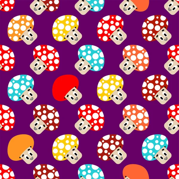 Cute Amanita Pattern Seamless Cheerful Cartoon Red Mushroom Background — Stock Vector