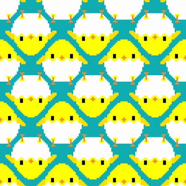 Pollo Pixel Art Pattern Senza Soluzione Continuità Bit Piccolo Pollo — Vettoriale Stock