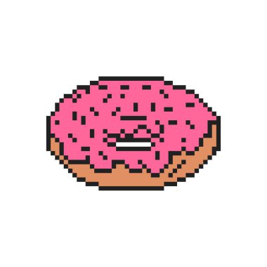 Donut pikseli sanatı. 8 bitlik yemek tatlısı. pixelated Vektör illüstrasyonu