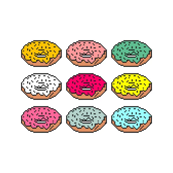 Conjunto Arte Pixel Donut Bit Comida Doçura Ilustração Vetorial Pixelada — Vetor de Stock