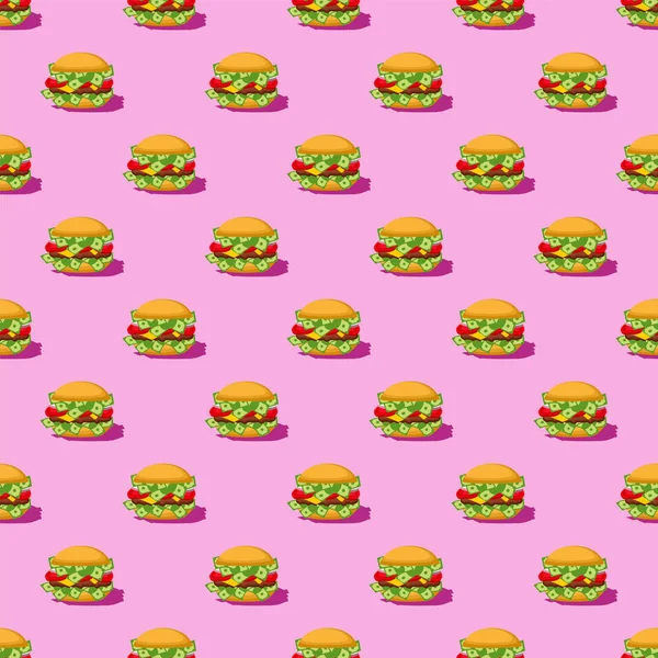 Geld Hamburger Patroon Naadloos Hamburger Met Dollars Achtergrond Fast Food — Stockvector