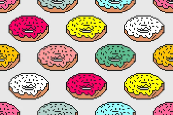 Donut Pixel Konst Mönster Sömlös Bitars Mat Sötma Bakgrund Pixelated — Stock vektor
