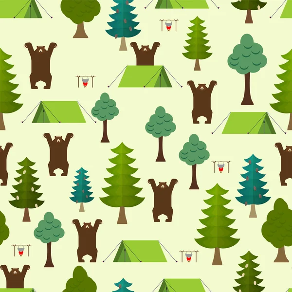 Urso Irritado Padrão Floresta Sem Costura Camping Tenda Fundo — Vetor de Stock