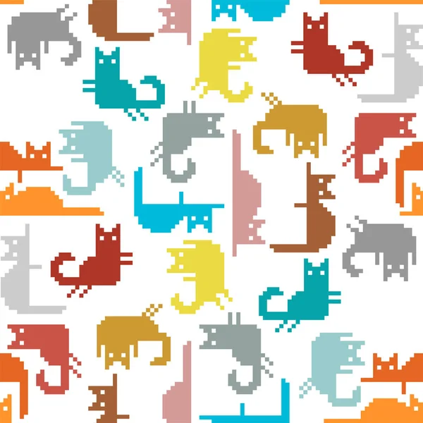 Cat Pixel Art Muster Nahtlos Bit Klapphintergrund Verpixelte Babytextur — Stockvektor