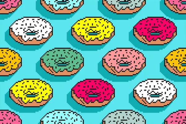 Padrão Arte Pixel Donut Sem Costura Comida Bits Fundo Doçura —  Vetores de Stock