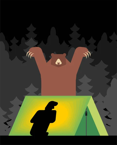 Bear Camping Tent Angry Grizzly Scares Tourist Vector Graphics