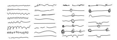 Bir dizi sanatsal kalem fırçası. Karalama, mürekkep fırçası. Vektör grunge fırçası. İşaretleyici darbelerinin toplanması. Dalgalı yatay çizgiler kümesi