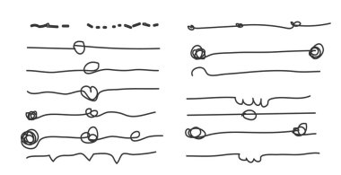 Bir dizi sanatsal kalem fırçası. Karalama, mürekkep fırçası. Vektör grunge fırçası. İşaretleyici darbelerinin toplanması. Dalgalı yatay çizgiler kümesi