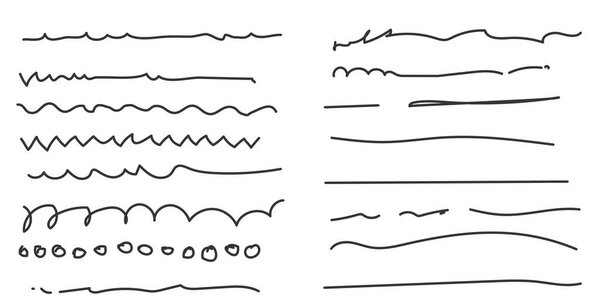 Set of artistic pen brushes.Doodles, ink brushes.Set of vector grunge brushes. Collection of strokes of markers. Set of wavy horizontal lines