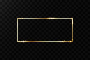  Işık efektli altın çerçeve. Parlak dikdörtgen pankart. Siyah şeffaf arka planda izole edilmiş. Vektör illüstrasyonuName