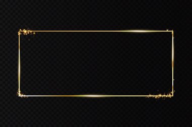  Işık efektli altın çerçeve. Parlak dikdörtgen pankart. Siyah şeffaf arka planda izole edilmiş. Vektör illüstrasyonuName