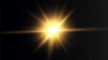 Altın ışık parçacıkları. Altın ışık. Işık patlaması. Saydam arkaplanda izole edilmiş yıldızlar.