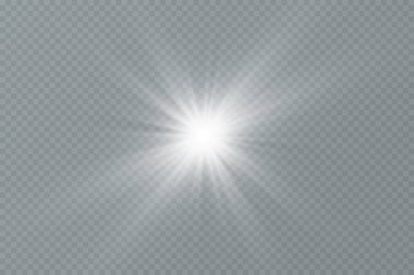 Beyaz parlayan ışık şeffaf bir arkaplanda patlar. Ray 'le. Şeffaf, parlak güneş. Özel lens ışık efekti.