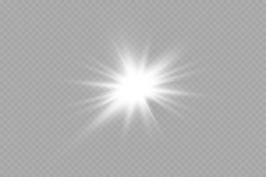 Beyaz parlayan ışık şeffaf bir arkaplanda patlar. Ray 'le. Şeffaf, parlak güneş. Özel lens ışık efekti.