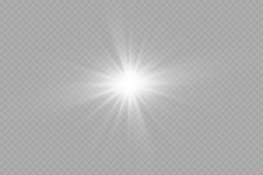 Beyaz parlayan ışık şeffaf bir arkaplanda patlar. Ray 'le. Şeffaf, parlak güneş. Özel lens ışık efekti.