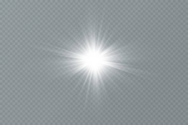 Beyaz parlayan ışık şeffaf bir arkaplanda patlar. Ray 'le. Şeffaf, parlak güneş. Özel lens ışık efekti.