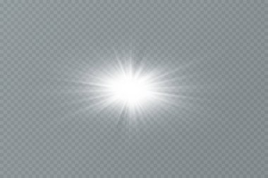 Beyaz parlayan ışık şeffaf bir arkaplanda patlar. Ray 'le. Şeffaf, parlak güneş. Özel lens ışık efekti.