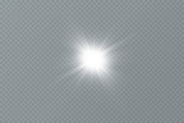 Beyaz parlayan ışık şeffaf bir arkaplanda patlar. Ray 'le. Şeffaf, parlak güneş. Özel lens ışık efekti.