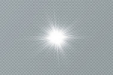 Beyaz parlayan ışık şeffaf bir arkaplanda patlar. Ray 'le. Şeffaf, parlak güneş. Özel lens ışık efekti.