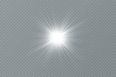 Beyaz parlayan ışık şeffaf bir arkaplanda patlar. Ray 'le. Şeffaf, parlak güneş. Özel lens ışık efekti.