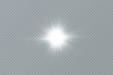 Beyaz parlayan ışık şeffaf bir arkaplanda patlar. Ray 'le. Şeffaf, parlak güneş. Özel lens ışık efekti.