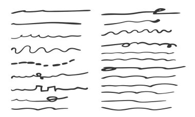 Bir dizi sanatsal kalem fırçası. Karalama, mürekkep fırçası. Vektör grunge fırçası. İşaretleyici darbelerinin toplanması. Dalgalı yatay çizgiler kümesi