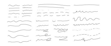 Bir dizi sanatsal kalem fırçası. Karalama, mürekkep fırçası. Vektör grunge fırçası. İşaretleyici darbelerinin toplanması. Dalgalı yatay çizgiler kümesi