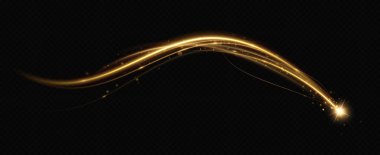 Altın kıvrımlı girdap. Işık hızında hareket etmenin etkisi. Kolay yol. Parlak dalgalı bir yol. Vektör. Neon ışığı..