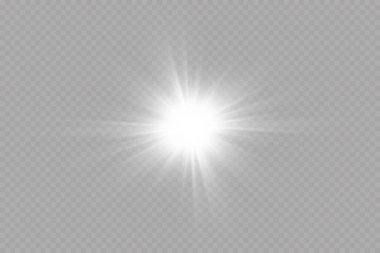 Beyaz parlayan ışık şeffaf bir arkaplanda patlar. Ray 'le. Şeffaf, parlak güneş. Özel lens ışık efekti.