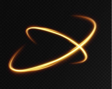 Altın kıvrımlı girdap. Işık hızında hareket etmenin etkisi. Kolay yol. Parlak dalgalı bir yol. Vektör. Neon ışığı..