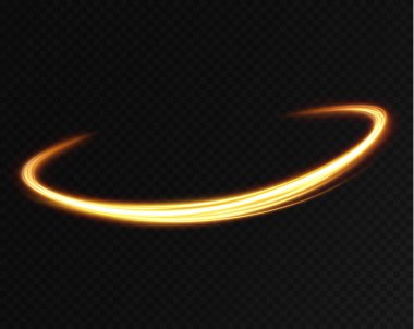 Altın kıvrımlı girdap. Işık hızında hareket etmenin etkisi. Kolay yol. Parlak dalgalı bir yol. Vektör. Neon ışığı..