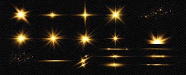 Gerçekçi ışık parlamaları koleksiyonu. Parlak parlak ışık efekti. Parlak güneş yıldızlarla ve parıltılarla parıldıyor..