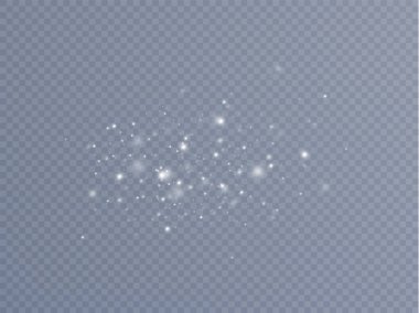 Parlayan yıldızlar. Şeffaf bir arkaplanda beyaz parlak parçacıklar. Parlayan yıldız tozu. Çocuk oyuncakları, hediyeler, kartlar, afişler paketlemek için..