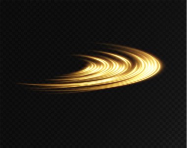 Altın kıvrımlı girdap. Işık hızında hareket etmenin etkisi. Kolay yol. Parlak dalgalı bir yol. Vektör. Neon ışığı..