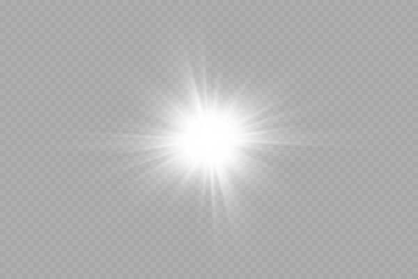 White glowing light explodes on a transparent background. with ray. Transparent shining sun, bright flash. Special lens flare light effect.