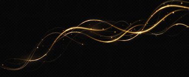 Altın kıvrımlı girdap. Işık hızında hareket etmenin etkisi. Kolay yol. Parlak dalgalı bir yol. Vektör. Neon ışığı..