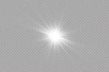 Beyaz parlayan ışık şeffaf bir arkaplanda patlar. Ray 'le. Şeffaf, parlak güneş. Özel lens ışık efekti.
