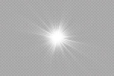 Beyaz parlayan ışık şeffaf bir arkaplanda patlar. Ray 'le. Şeffaf, parlak güneş. Özel lens ışık efekti.