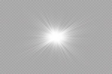 Beyaz parlayan ışık şeffaf bir arkaplanda patlar. Ray 'le. Şeffaf, parlak güneş. Özel lens ışık efekti.