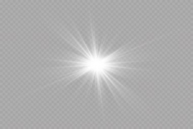 Beyaz parlayan ışık şeffaf bir arkaplanda patlar. Ray 'le. Şeffaf, parlak güneş. Özel lens ışık efekti.