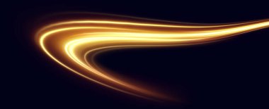 Altın kıvrımlı girdap. Işık hızında hareket etmenin etkisi. Kolay yol. Parlak dalgalı bir yol. Vektör. Neon ışığı..