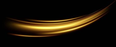 Altın kıvrımlı girdap. Işık hızında hareket etmenin etkisi. Kolay yol. Parlak dalgalı bir yol. Vektör. Neon ışığı..
