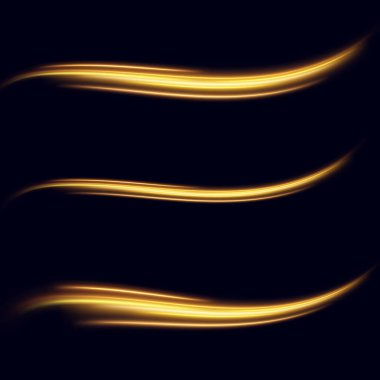 Altın kıvrımlı girdap. Işık hızında hareket etmenin etkisi. Kolay yol. Parlak dalgalı bir yol. Vektör. Neon ışığı..