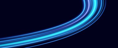Hız hareketinin soyut ışık çizgileri, mavi renkler. Parlak kıvrımlar, soyut hareketler. Mavi hızdaki neon çizgileri. Dinamik izler.