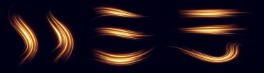 Yüksek hızlı trafiğin soyut ışık çizgileri, altın renkler. Neon kıvrımları parlıyor. Soyut hareket. Neon mavi hız çizgileri. Dinamik izler.