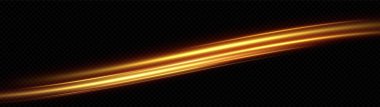 Altın kıvrımlı girdap. Işık hızında hareket etmenin etkisi. Kolay yol. Parlak dalgalı bir yol. Vektör. Neon ışığı..