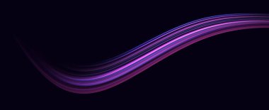 Parlak bir arka plan. Yüksek hız etkisi hareket bulanıklığı gece lambaları mavi ve kırmızı. Sihirli parlak neon ışık çizgileri. Mor parlak dalga girdabı, itici kablo hatları. 
