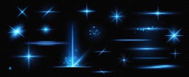 Parlak parçacıklar, yanan mavi ışıklar, yıldızlar, lazerler. Vektör.