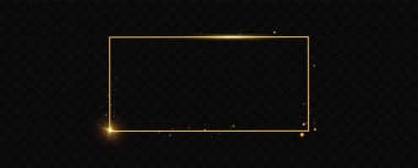  Işık efektli altın çerçeve. Parlak dikdörtgen pankart. Siyah şeffaf arka planda izole edilmiş. Vektör illüstrasyonuName