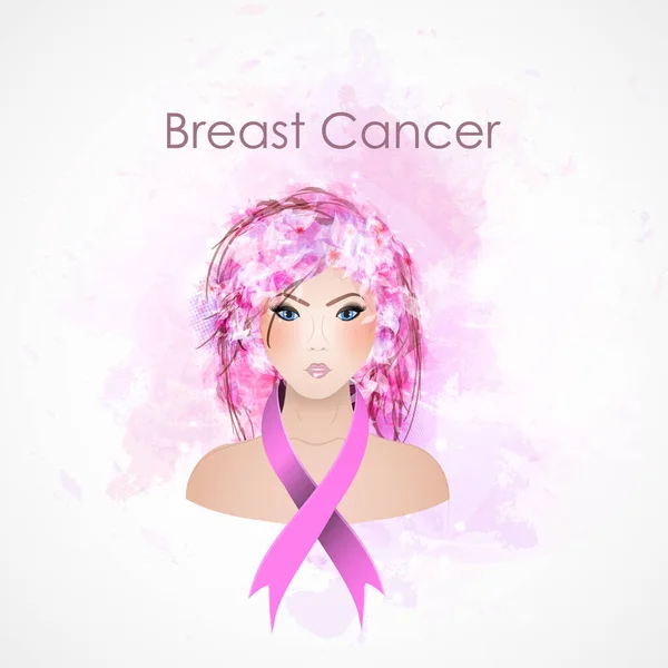 Vector Beautiful Girl Pink Ribbon Breast Cancer Awareness Month — Stock Vector